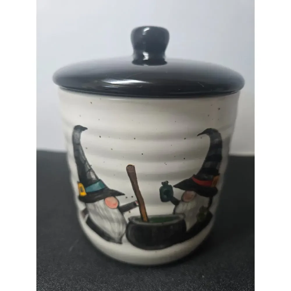 Cobwebs & Cauldrons Wizard Gnome Ceramic Canister Jar w/Lid Halloween
